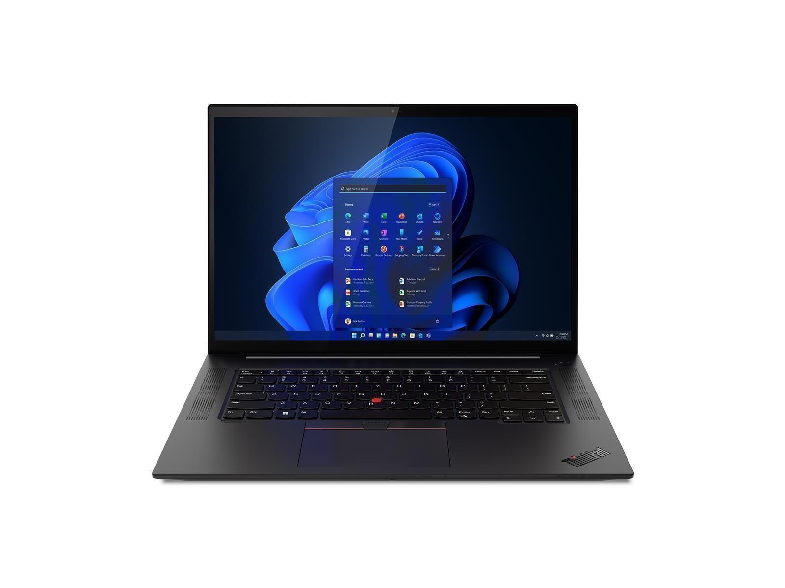 Ein schwarzer Laptop zeigt den Windows-Desktop mit blauer Hintergrundgrafik und App-Icons auf einem weißen Hintergrund.