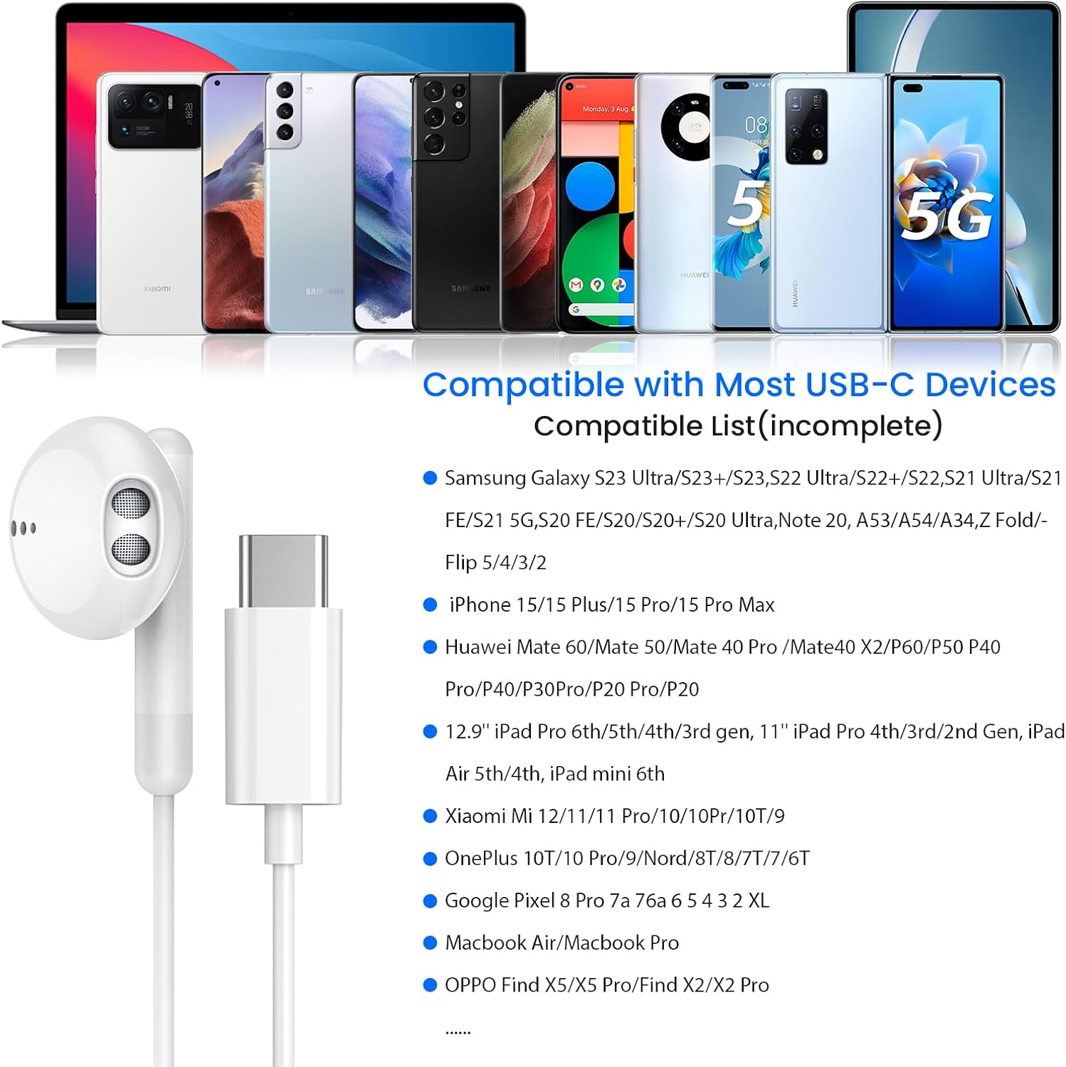 USB-C Ohrhörer in Weiß mit großer Kompatibilitätsliste und Smartphones im Hintergrund.