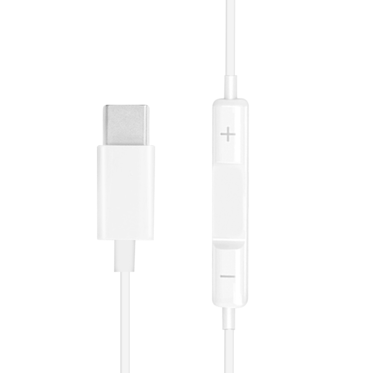 Weißes USB-C Kabel mit Inline-Fernbedienung und Lautstärkereglern.