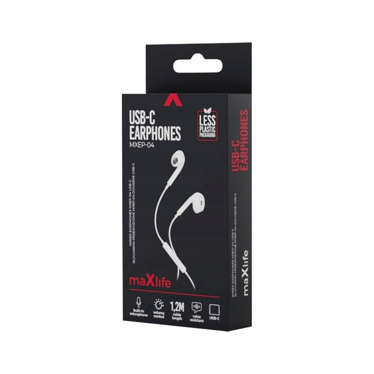 Eine schwarze Verpackung für Maxlife USB-C-Kopfhörer mit Produktbildern sowie weißer und roter Schrift auf dunklem Grund.