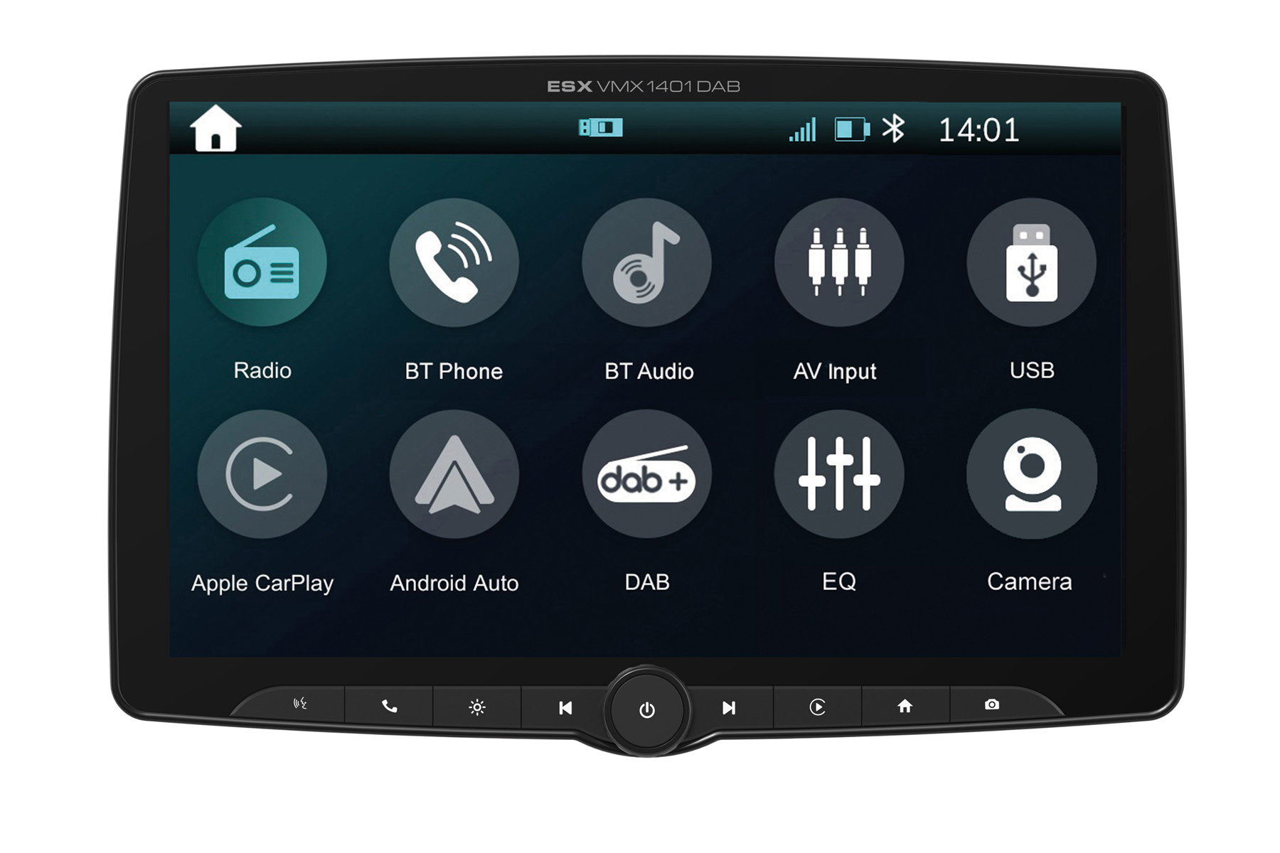 Ein Car-Audio-Touchscreen mit Menüsymbolen für Radio, Telefon, Bluetooth, USB, Navigation und Kamera.