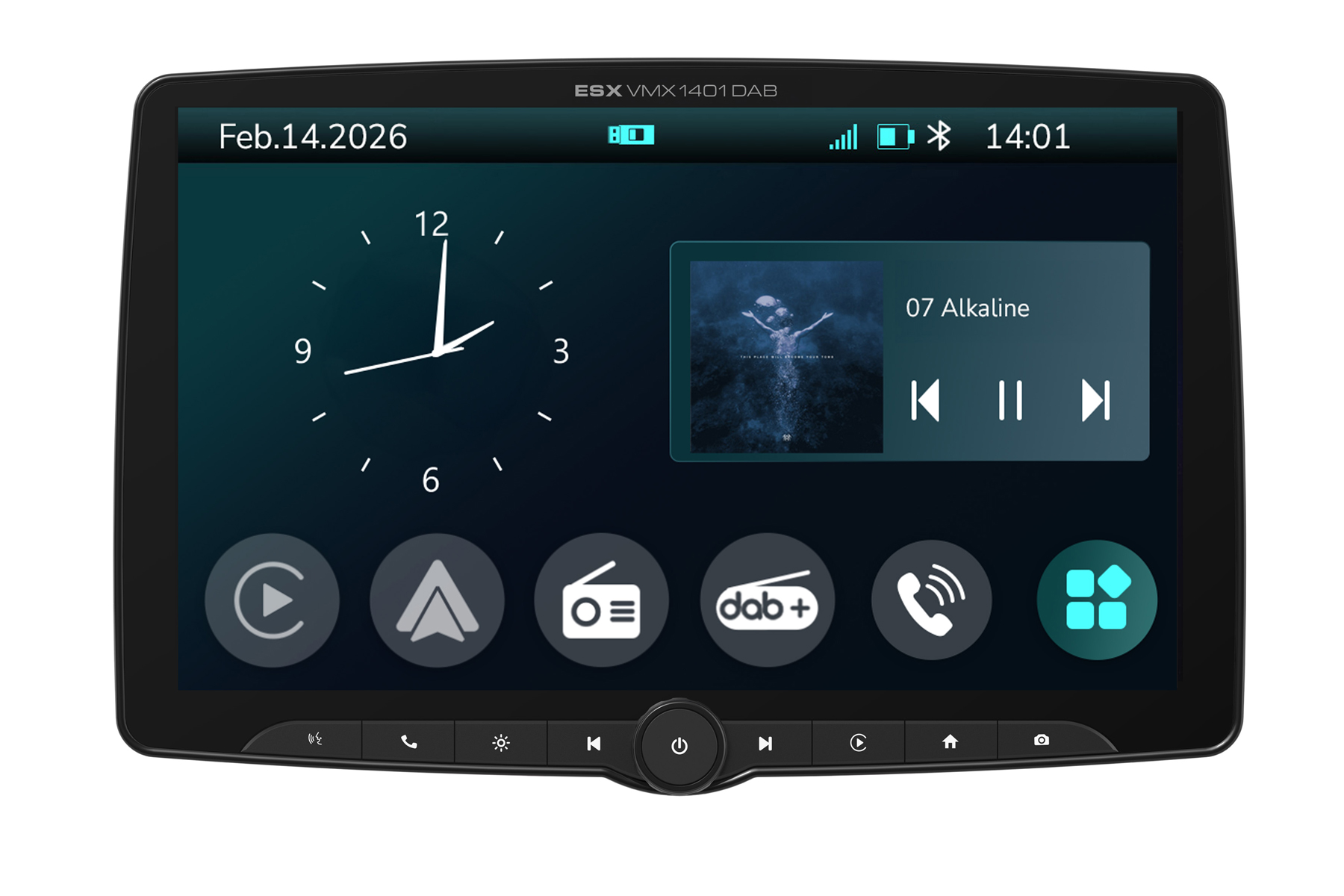 Ein Car-Audio-Bildschirm mit Uhr, Musikplayer, Statusleiste und runden App-Symbolen.