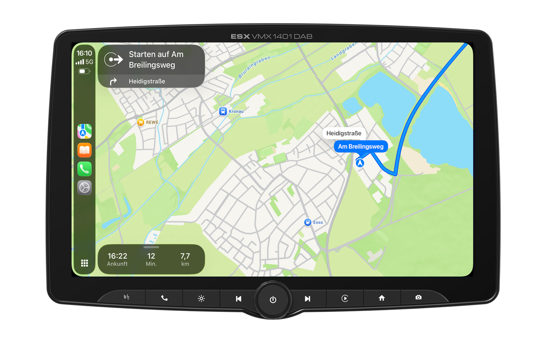 Autonavigationsbildschirm mit Karte, blauer Route, Straßennamen und Reisedetails.