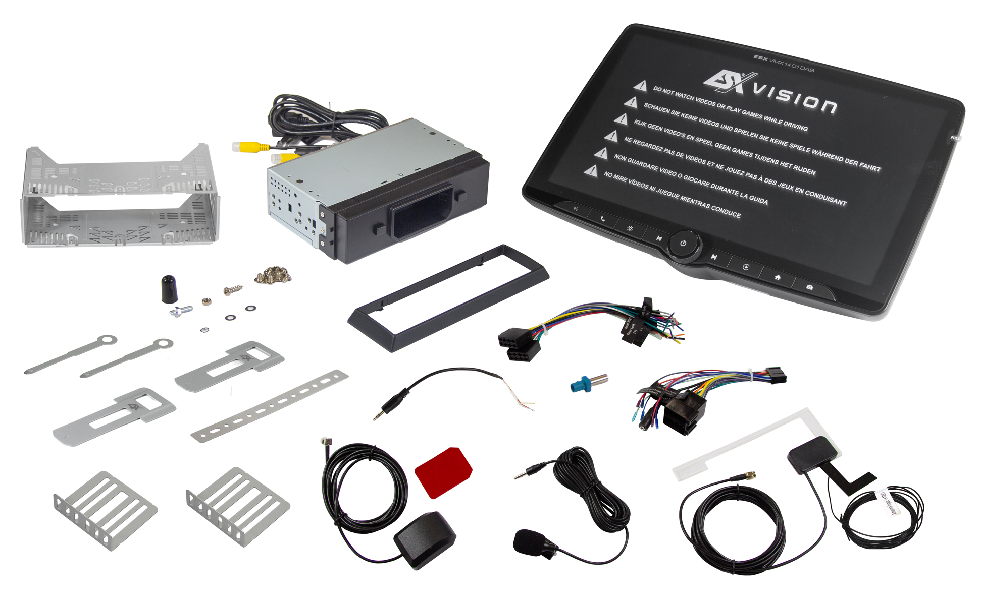 Ein Car-Audio-System mit großem Touchscreen, Hauptgerät, Verkabelung, Antennen, Mikrofon und Montagematerial auf weißem Hintergrund.