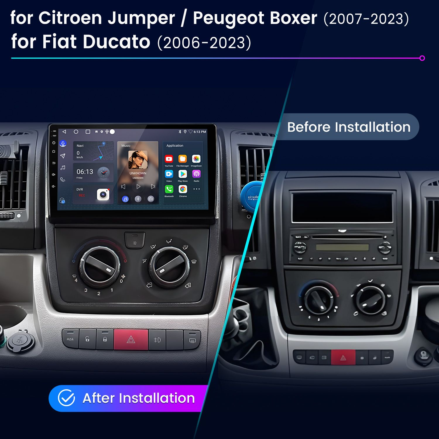 Ein Autoinnenraum mit Touchscreen-Infotainment-System nach der Installation im Vergleich zu vorher.