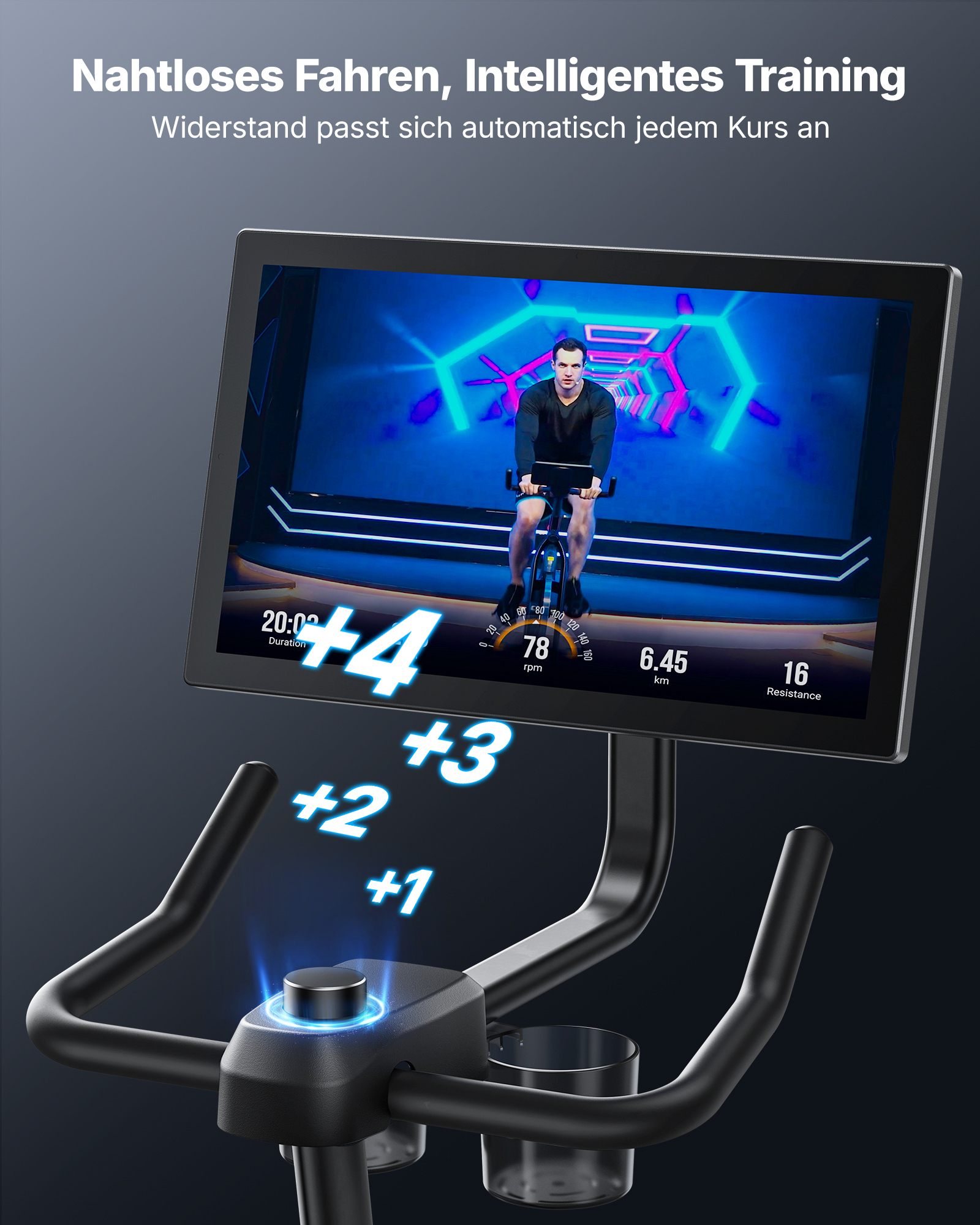 Ein Heimtrainer mit einem Bildschirm zeigt eine Radfahrklasse und Leistungsdaten an.