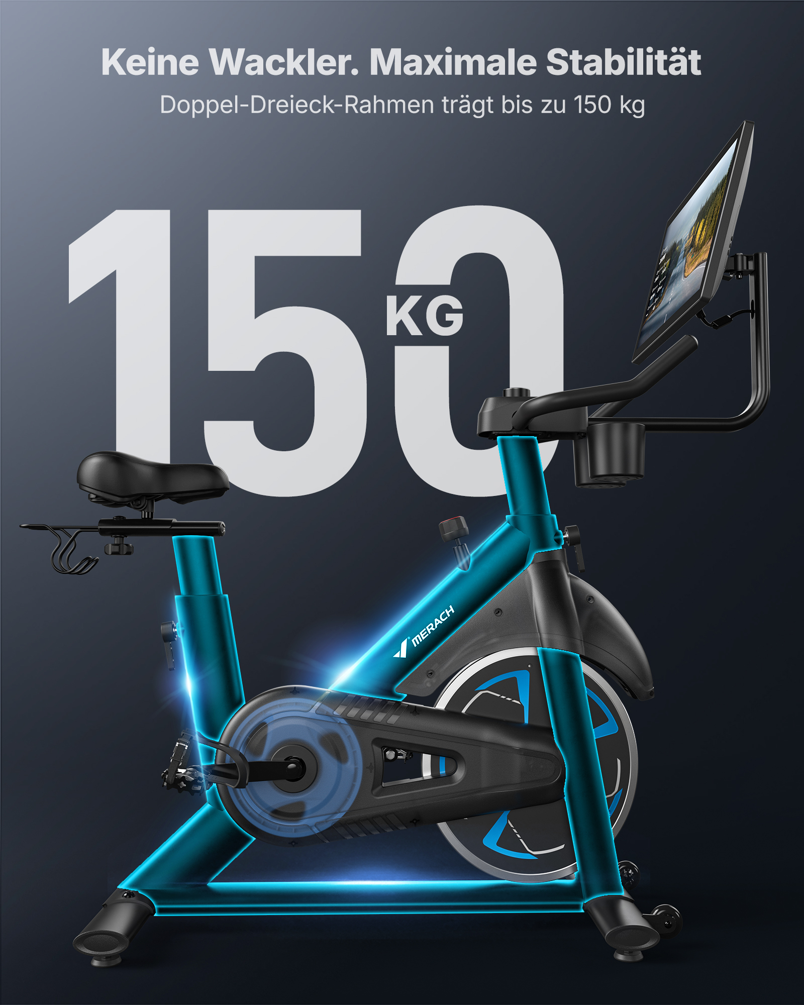 Ein blau-schwarzes Merach-Heimtrainer mit Bildschirm, der Text "150 KG" und Sätze auf Deutsch im Hintergrund.