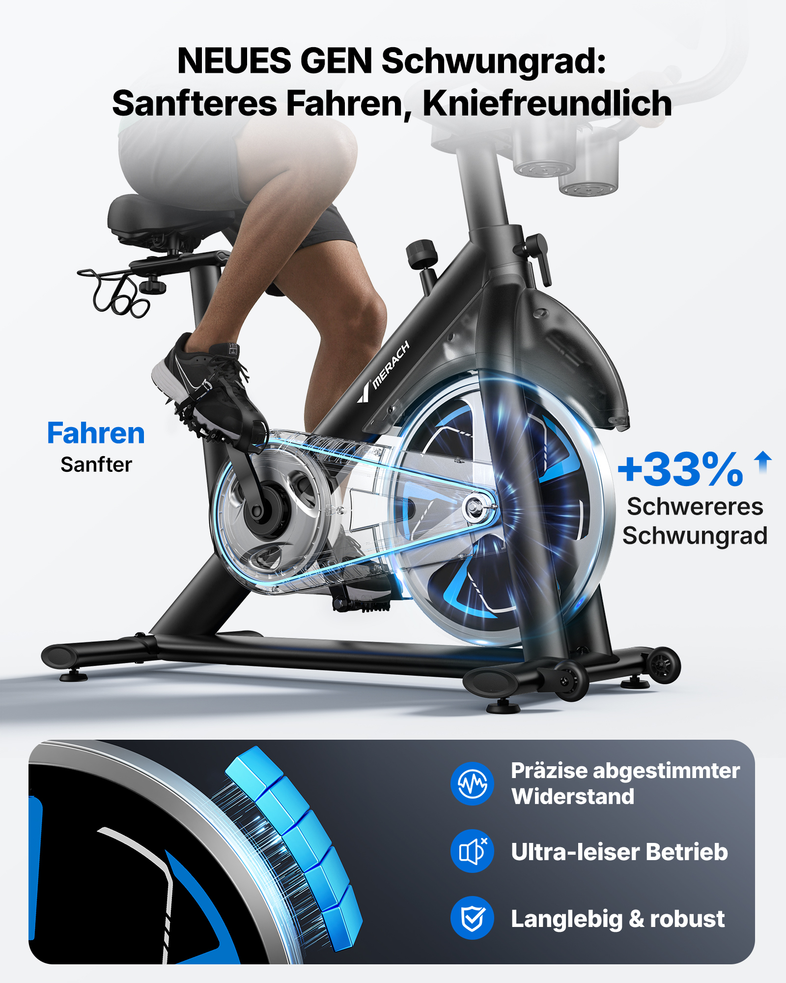 Eine Person fährt auf einem Heimtrainer mit hervorgehobenen mechanischen Schwungrad-Funktionen.