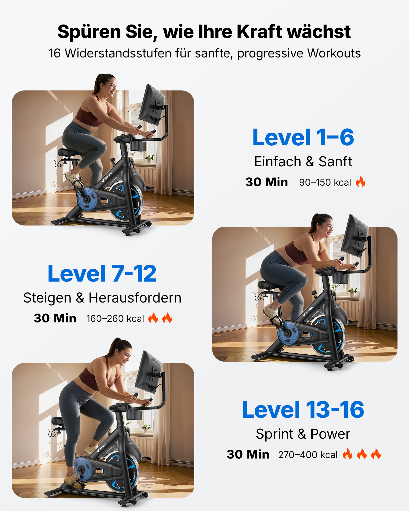 Eine Frau trainiert auf einem Heimtrainer mit verschiedenen Leistungsstufen für unterschiedliche Workouts.