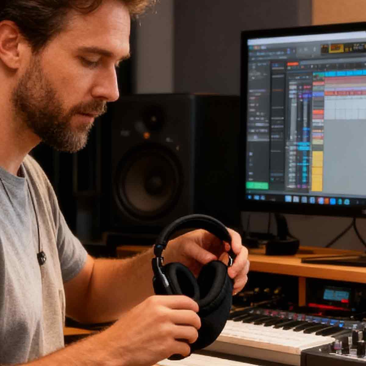 Ein Mann mit Bart hält Kopfhörer in einem Tonstudio mit Computer und Mischpult.