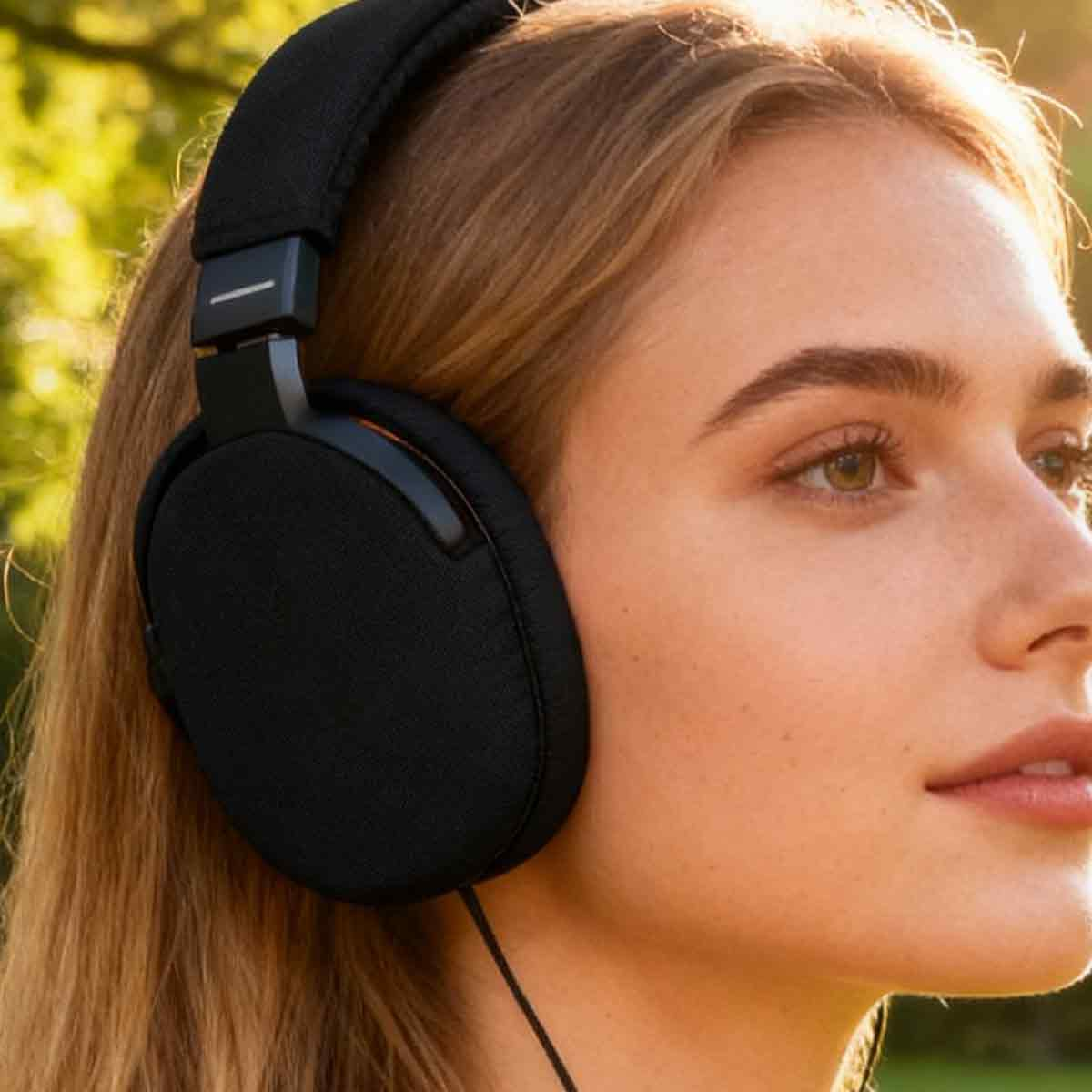 Eine junge Frau mit blondem Haar trägt schwarze Over-Ear-Kopfhörer vor sonnigem Hintergrund.