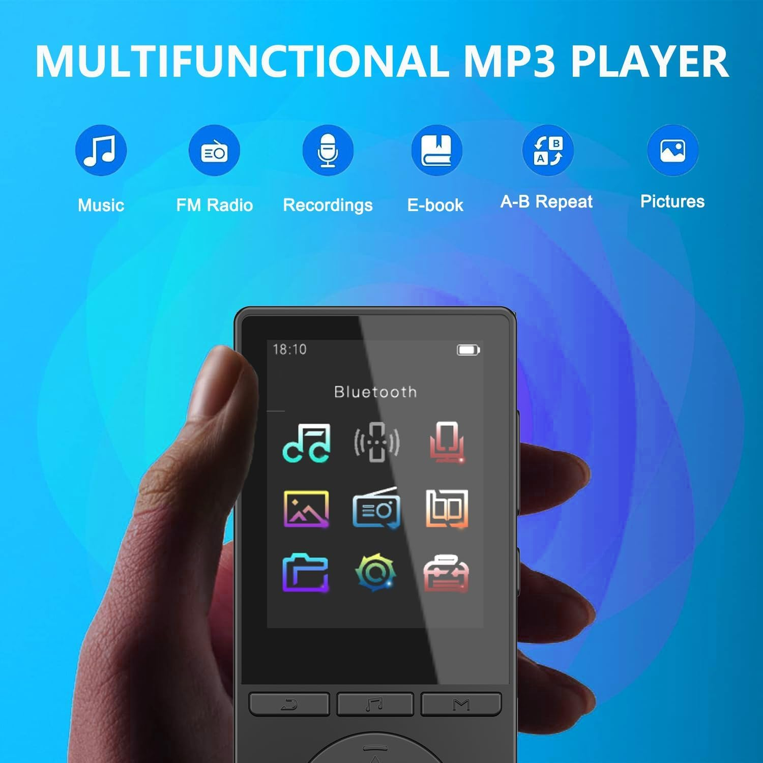 Hand hält einen multifunktionalen MP3-Player mit Symbolen für Musik, Radio, E-Book und Bluetooth.