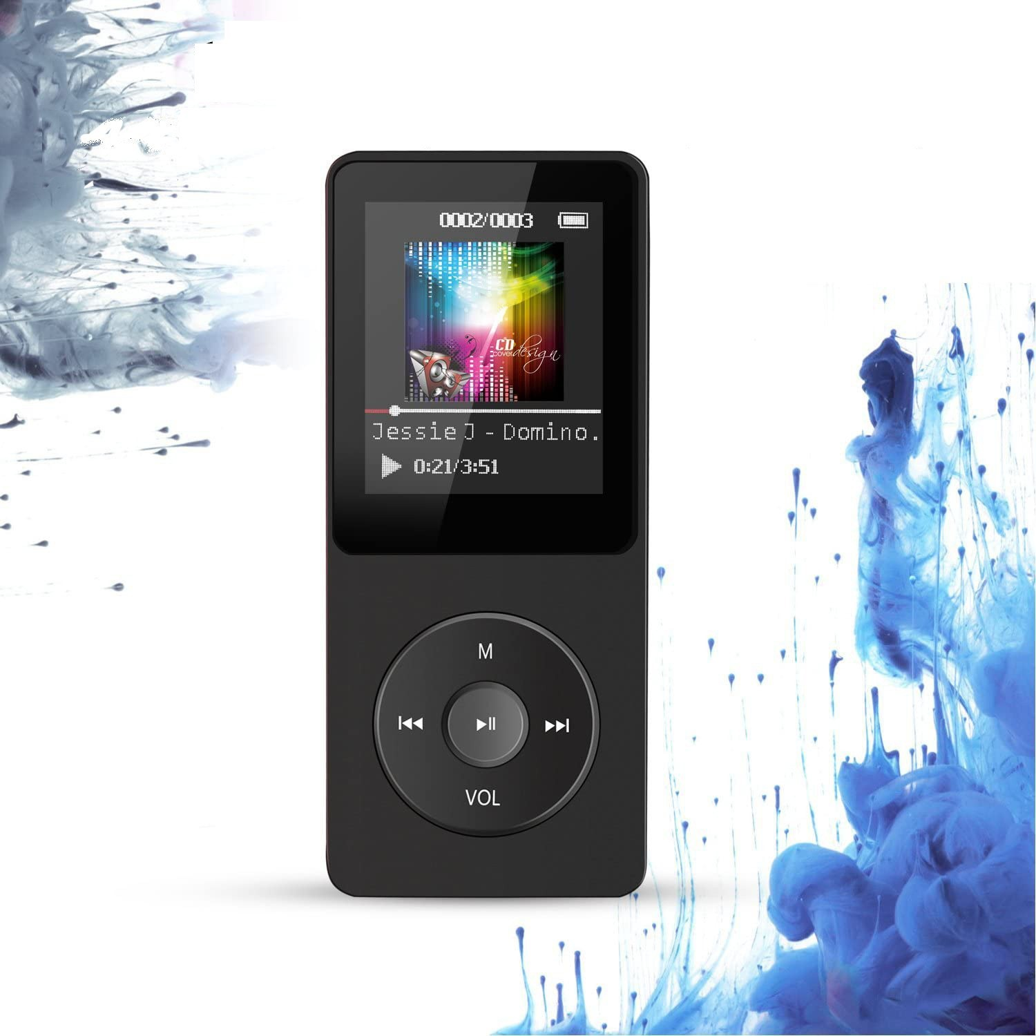 Ein schwarzer MP3-Player mit Farbdisplay vor einem farbenfrohen, tintenartigen Hintergrund.