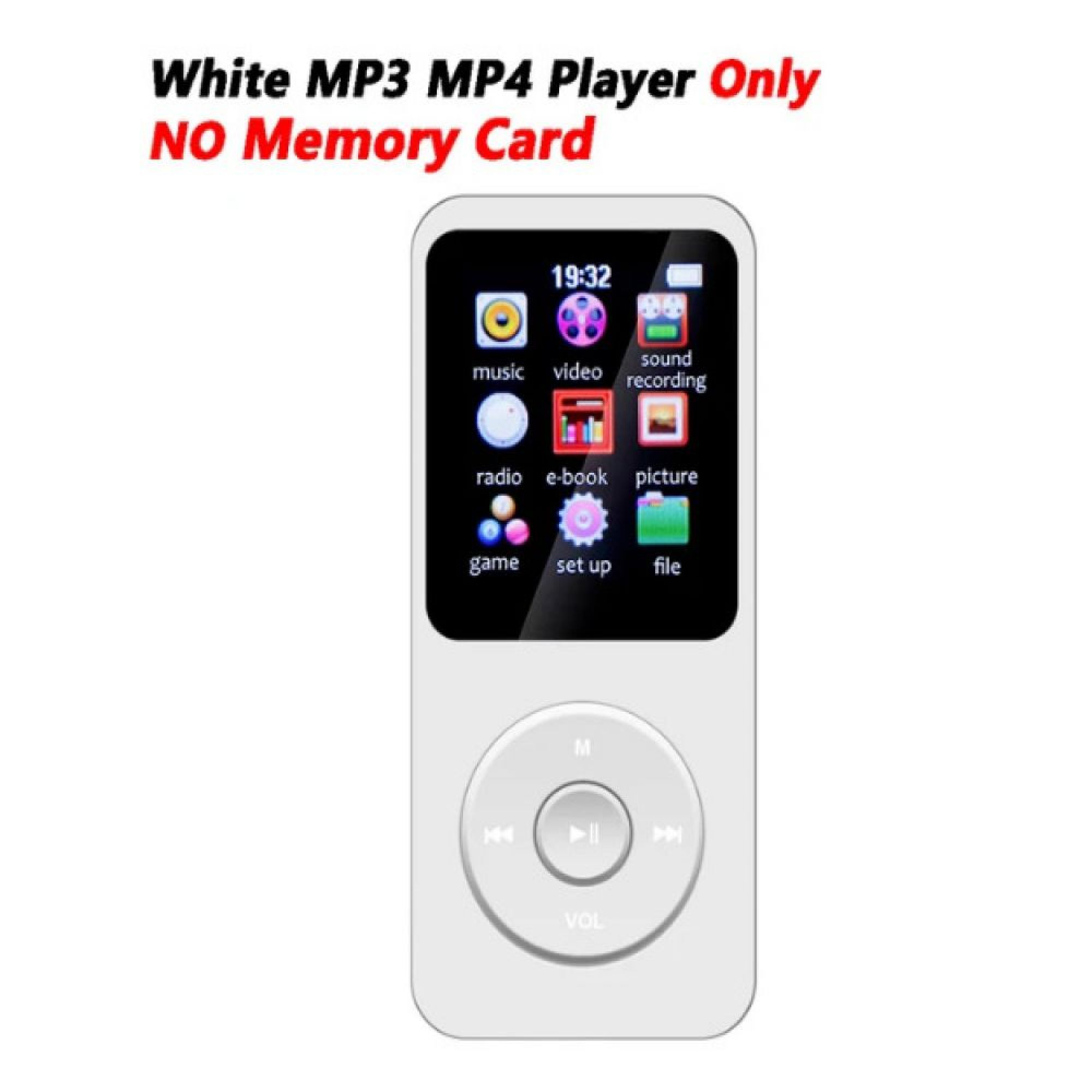 Ein weißer MP3- und MP4-Player ohne Speicherkarte mit farbigem Bildschirm und kreisrunden Tasten.