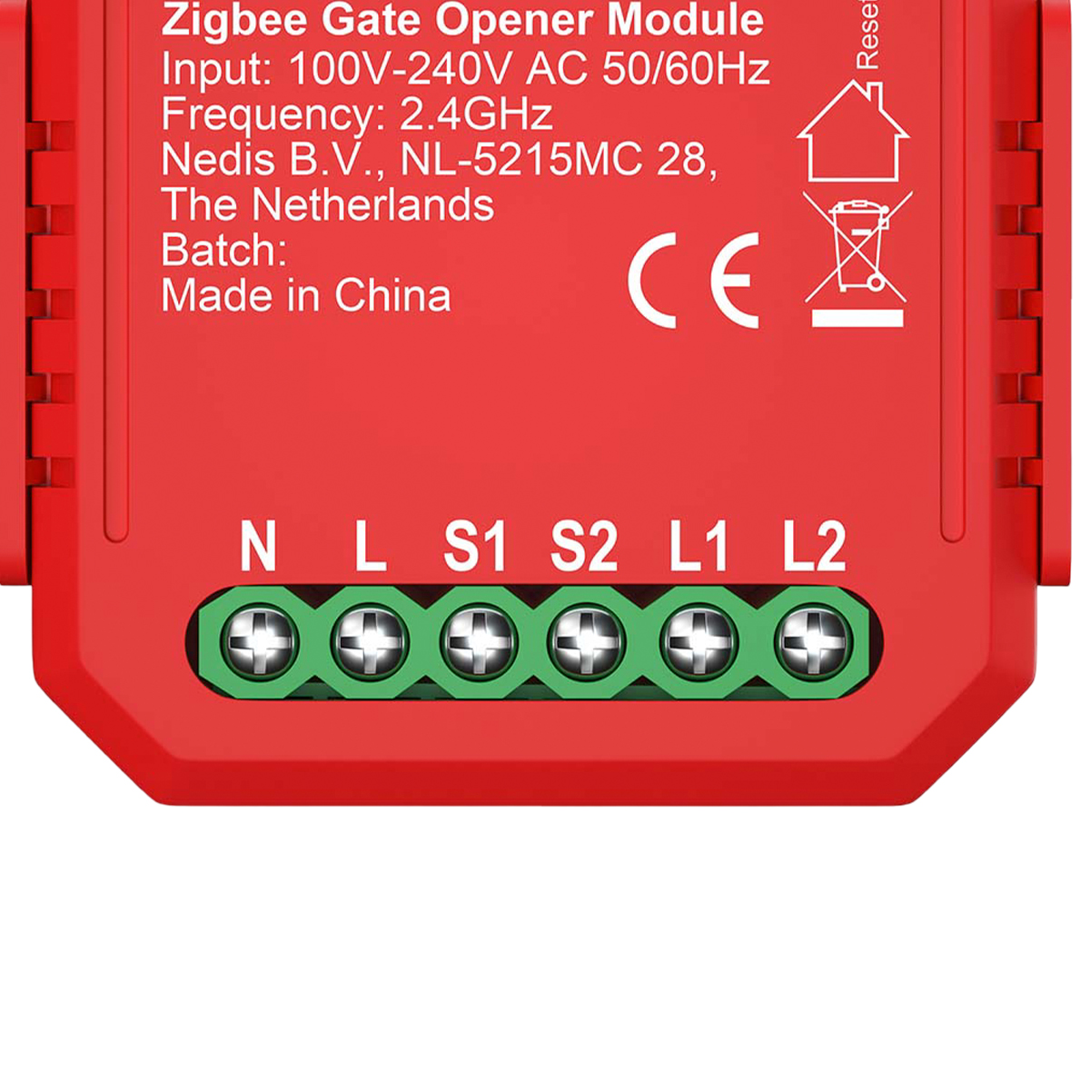 Rotes Zigbee-Toröffner-Modul mit weißem Text und sechs Schraubklemmen.