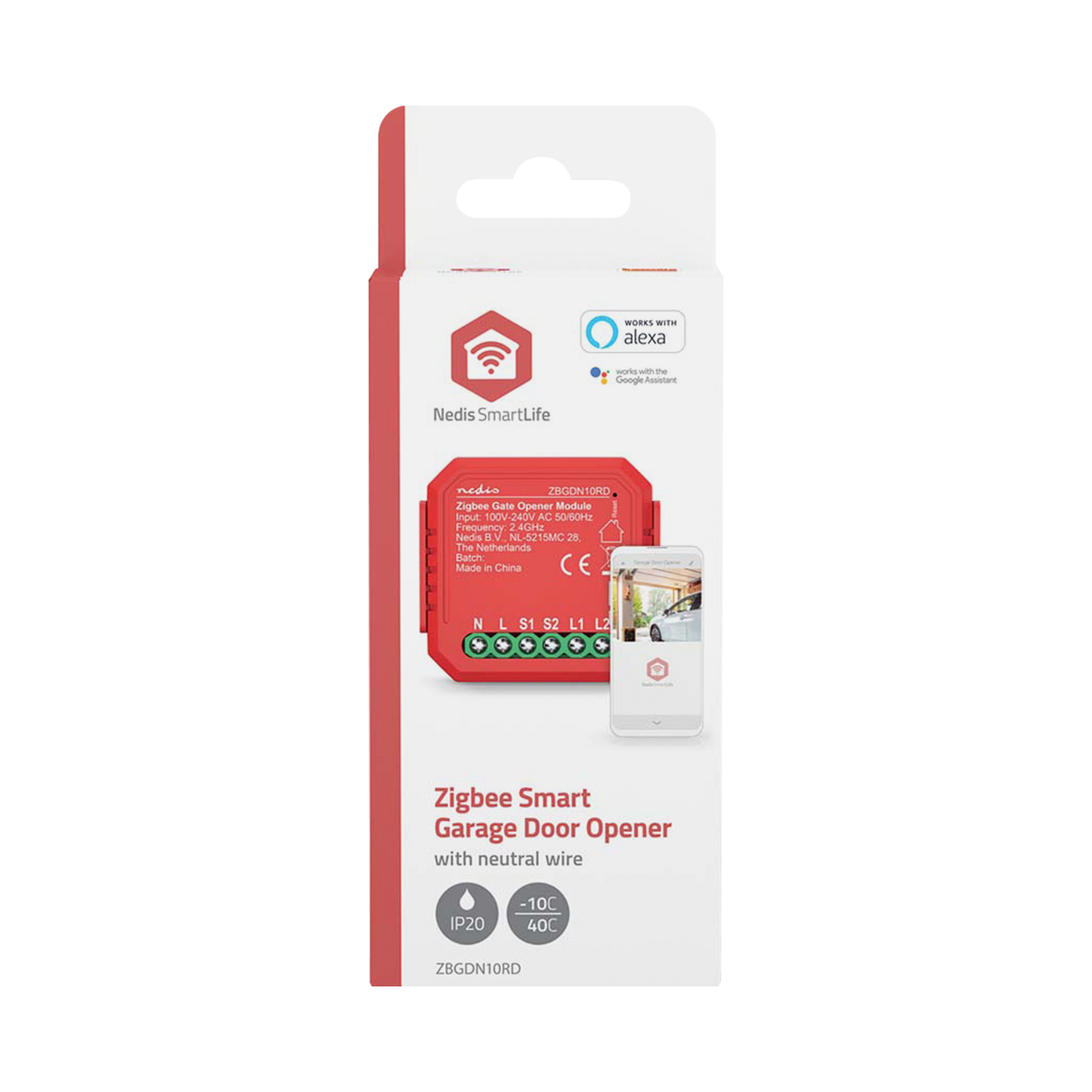 Verpackung für Nedis SmartLife Zigbee Garagentoröffner mit rotem Gerät und App-Oberfläche.