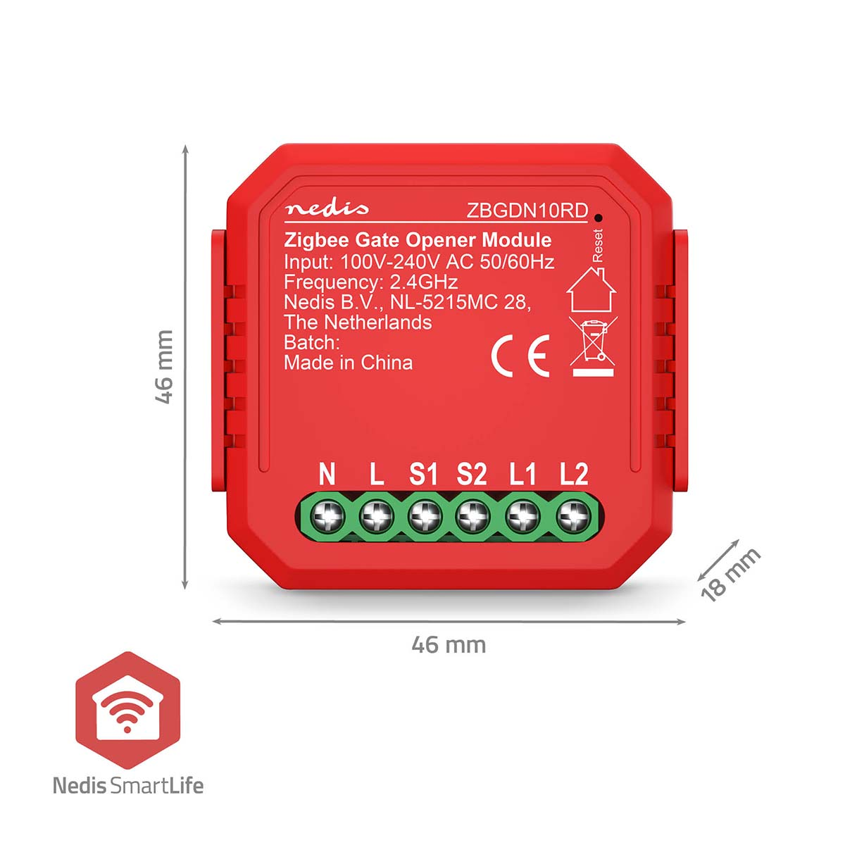 Rotes Nedis Zigbee Garagentoröffner-Modul mit Abmessungen, technischen Daten und Schraubklemmen unten.