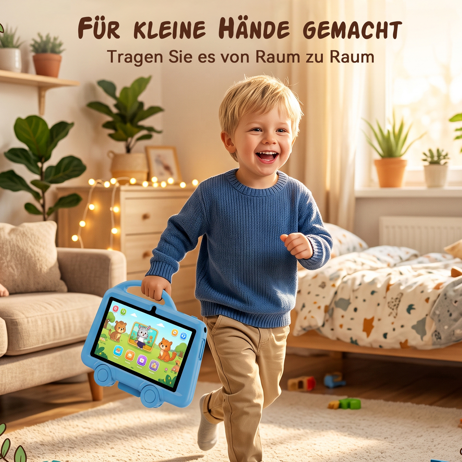 Kleiner Junge im blauen Pullover trägt ein hellblaues Kindertablet durch ein helles Zimmer.