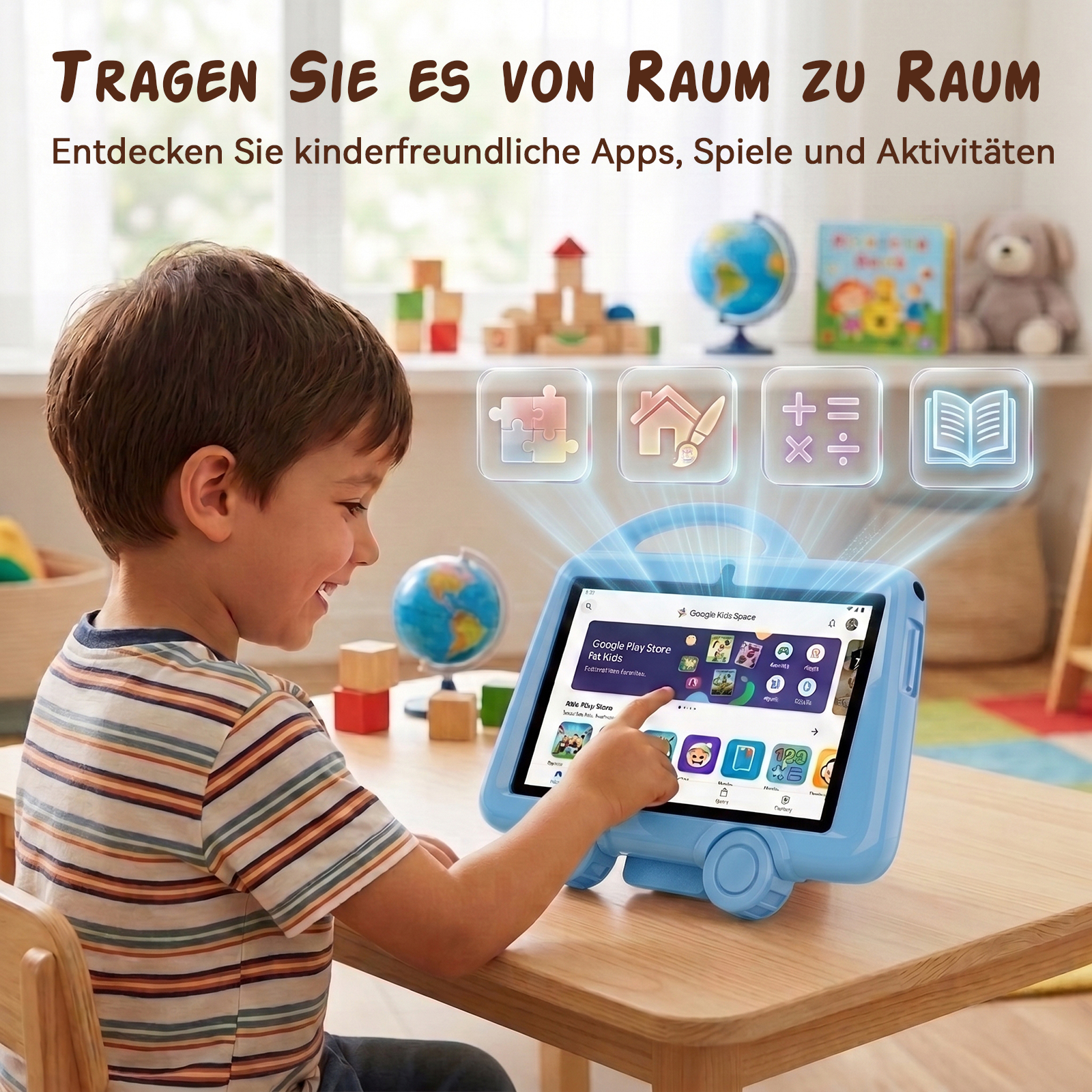Ein Junge tippt auf einen blauen Kindertablet-PC, der App-Symbole in die Luft projiziert.