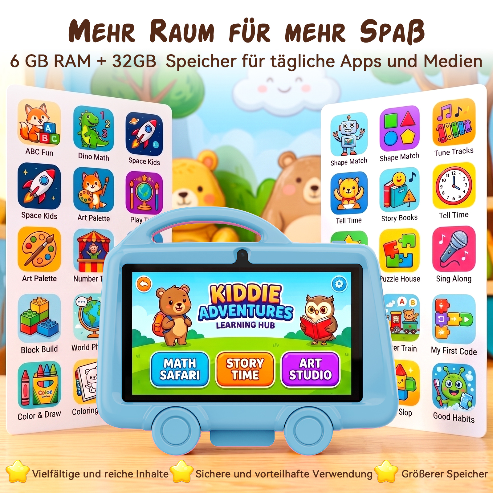 Kinder-Tablet in Busform mit Lern-Apps und pädagogischen Spielkarten im Hintergrund.