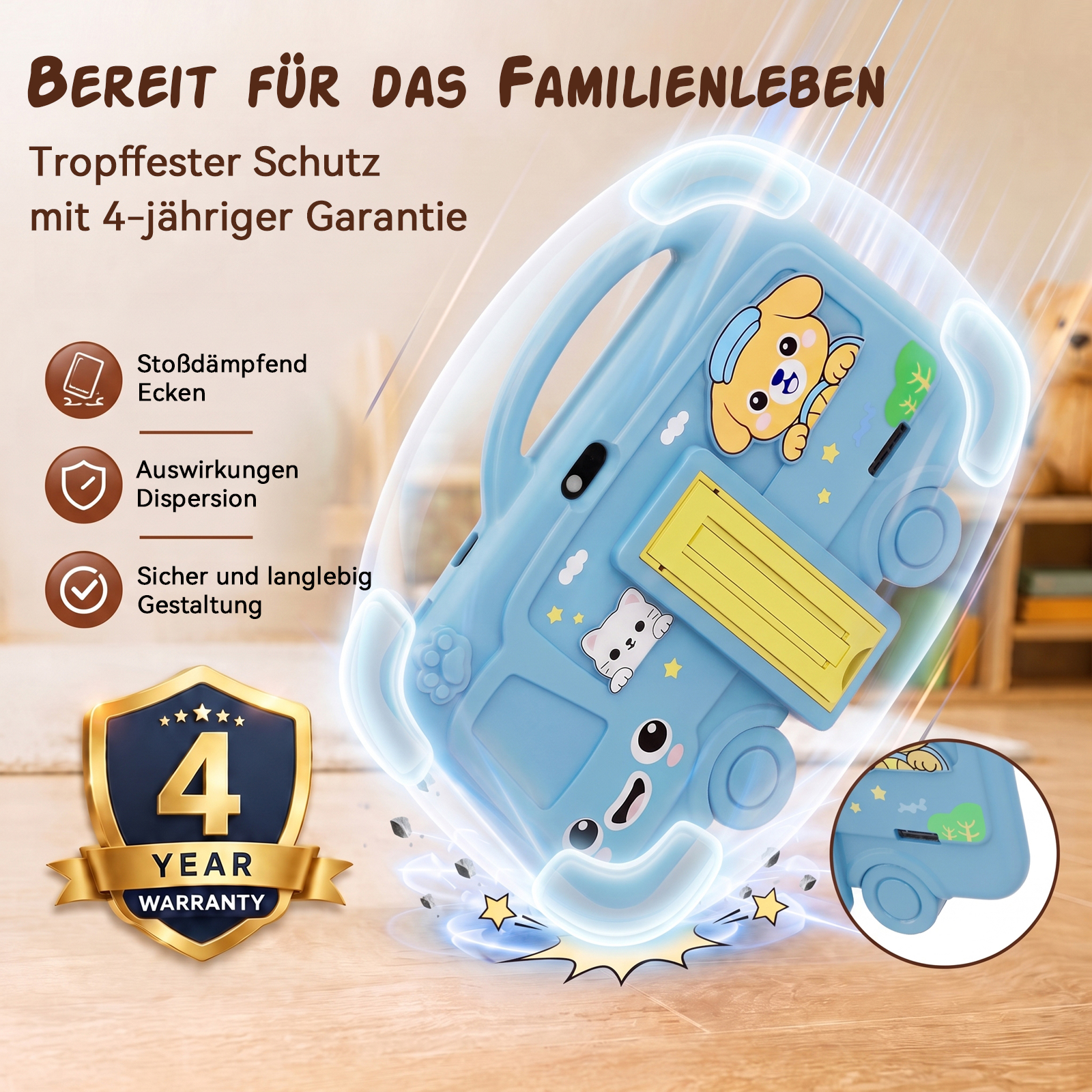 Blaue Kinder-Tablet-Hülle mit Stoßschutz und niedlichen Tiermotiven, beworben mit vier Jahren Garantie.