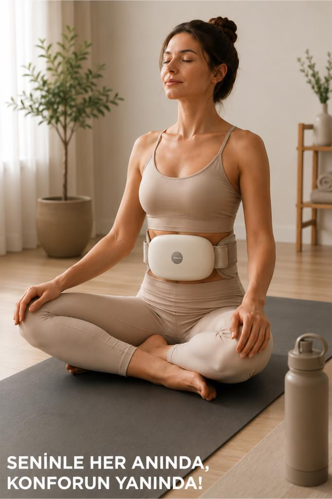 Mat üzerinde meditasyon yapan bir kadın, bej kıyafetli ve belinde beyaz bir cihaz var.