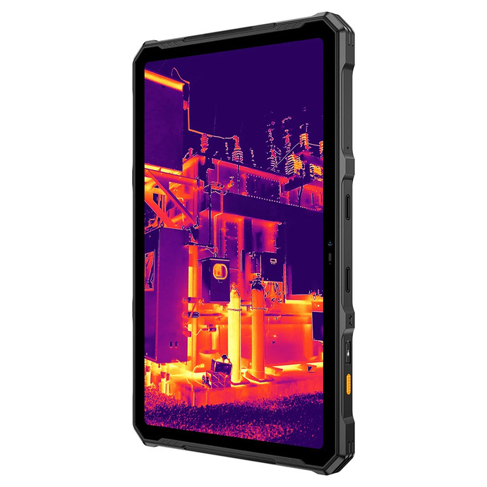 Wytrzymały tablet wyświetla podczerwony obraz termiczny obiektu przemysłowego w odcieniach pomarańczu i fioletu.
