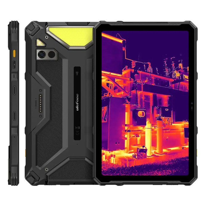 Wytrzymały czarny tablet Ulefone z wyświetlaczem termowizyjnym i wieloma kątami.