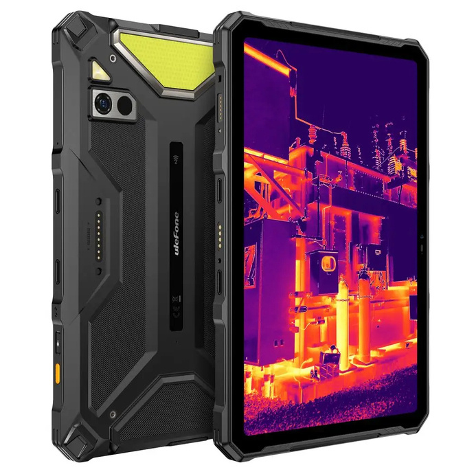 Wytrzymały czarny tablet z wyświetlaczem termowizyjnym i aparatami z tyłu.