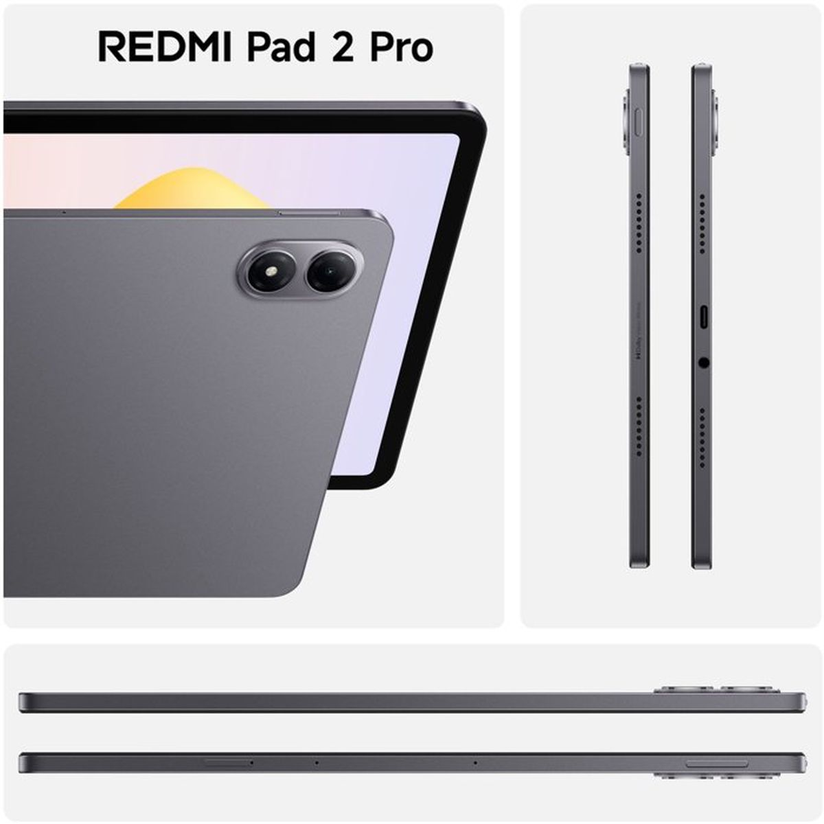 Verschiedene Ansichten des REDMI Pad 2 Pro, die das Design und die Kamera zeigen.