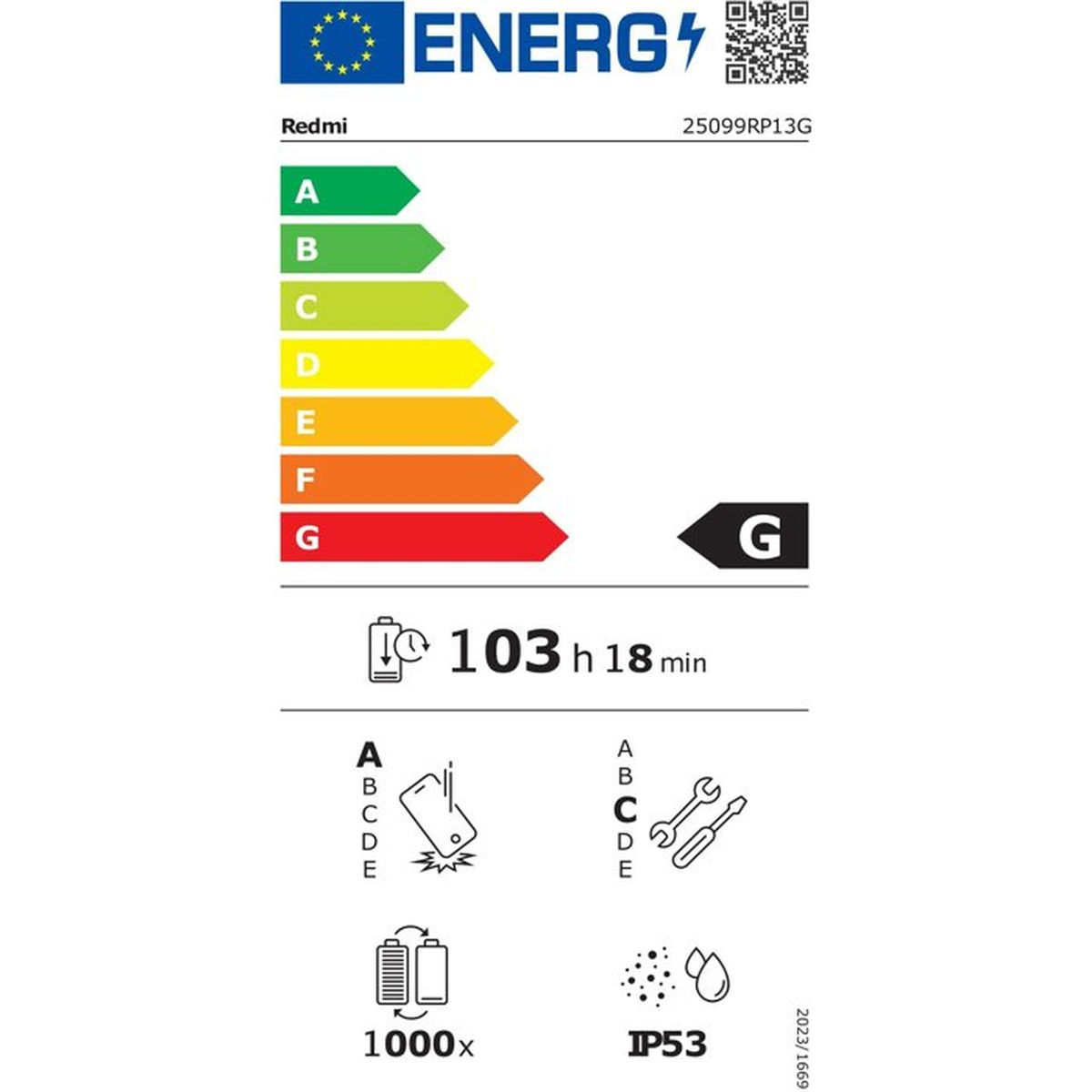 Redmi Energielabel mit G-Bewertung, 103h Akku, Falltest, Werkzeugen, 1000x und IP53 Schutzklasse.
