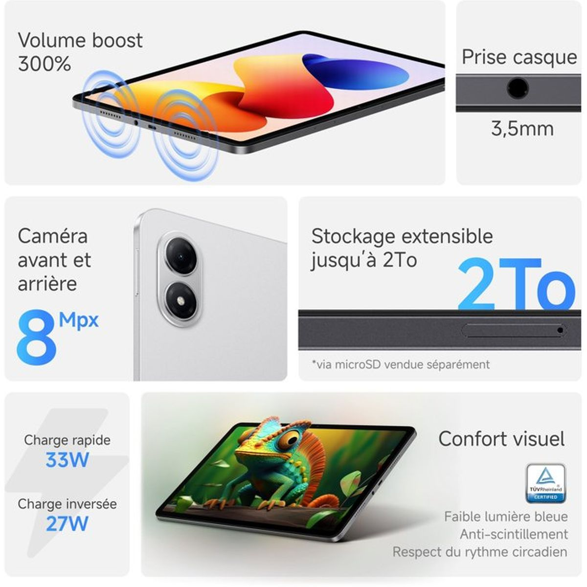 Produktmerkmale eines Tablets mit Lautsprechern, Kameras, Speicher, Ladefunktion und Augenschutz.