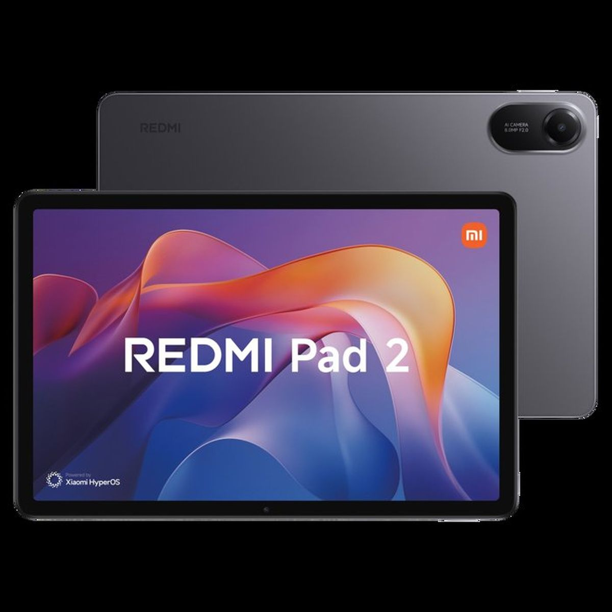 Zwei Redmi Pad 2 Tablets in Grau, eines zeigt den Bildschirm mit Text und das andere die Rückseite mit Kamera.