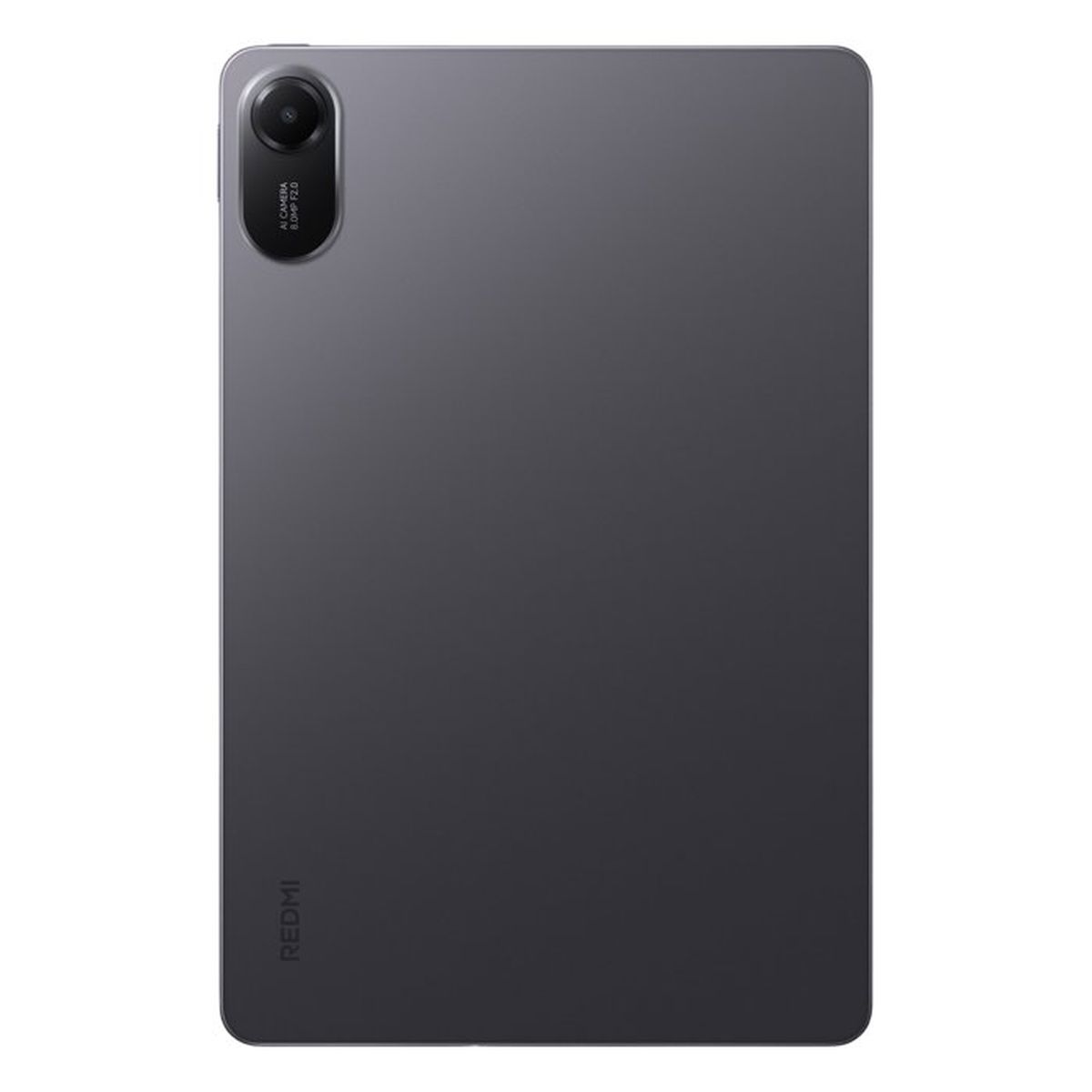 Die Rückseite eines grauen Redmi-Tablets mit einer einzigen Kamera oben links und dem Markenlogo unten.