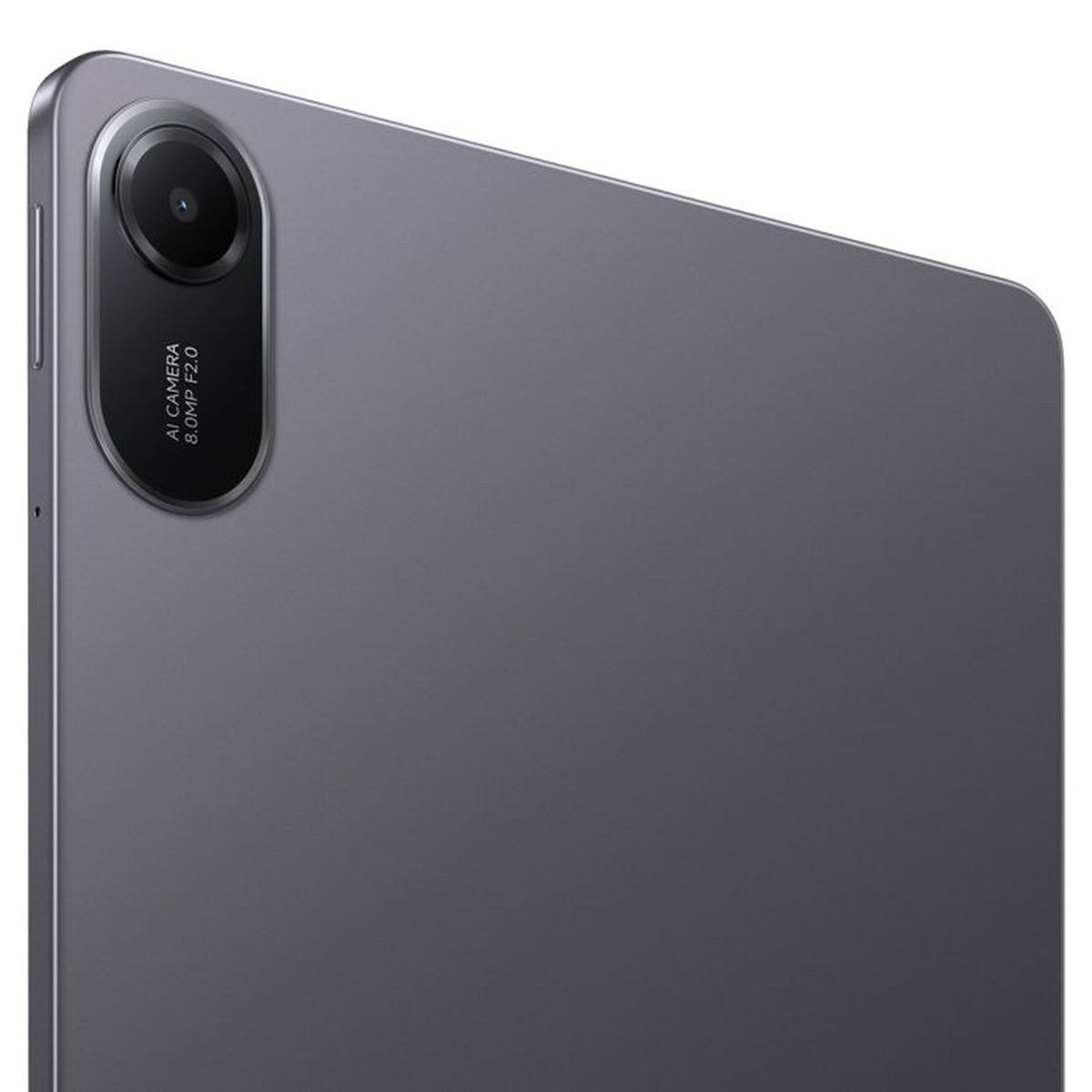 Nahaufnahme der grauen Tablet-Rückseite mit ovalem Kameramodul, 8.0MP KI-Kamera und Seitentaste.