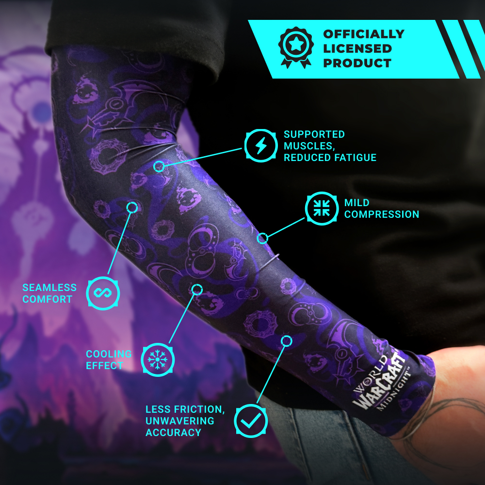 Armärmel mit World of Warcraft Midnight Design und beschriebenen Features wie Kompression und Kühlung.