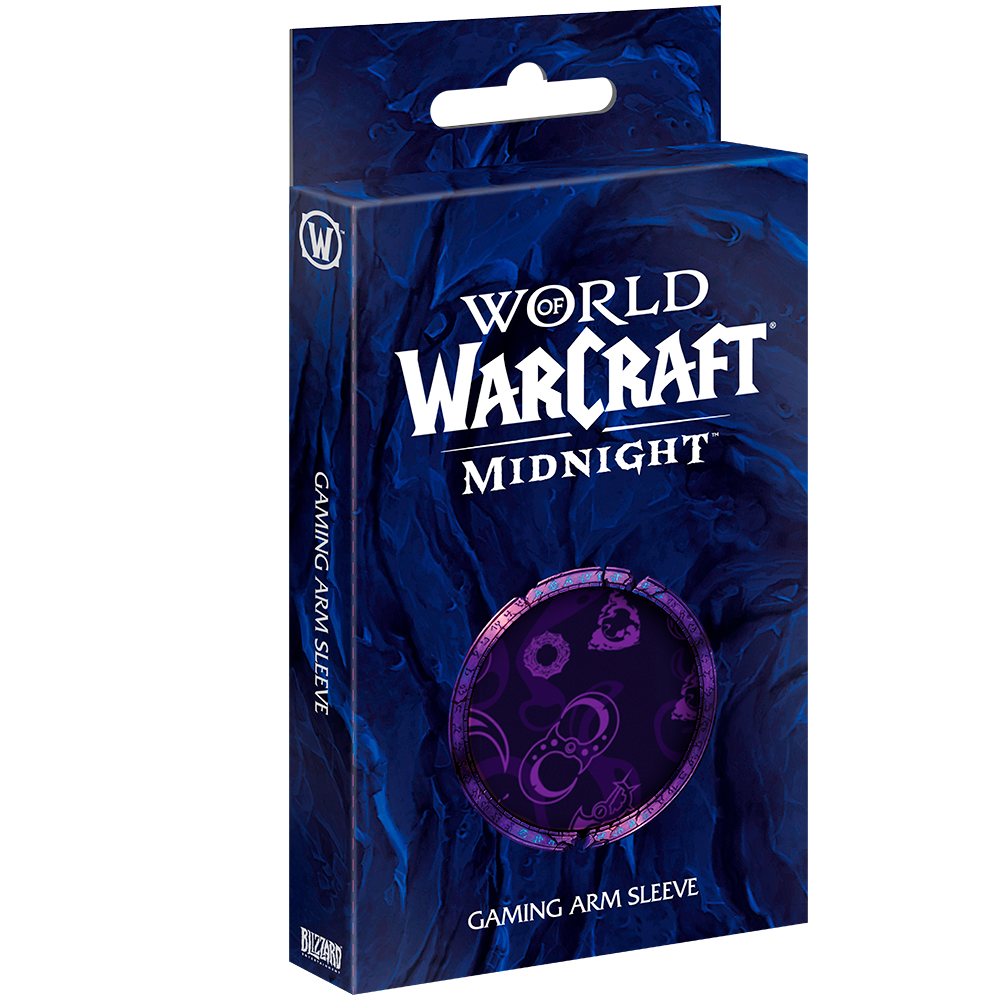 Blaue Verpackung für eine World of Warcraft Midnight Gaming Arm Sleeve mit violettem Kreisdesign.