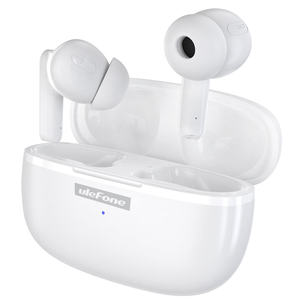 Weiße Ulefone True Wireless Kopfhörer mit offener Ladebox auf weißem Hintergrund.