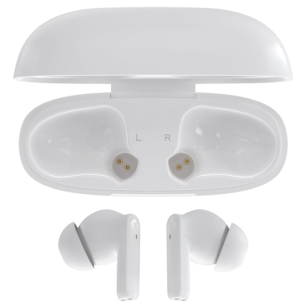 Weiße drahtlose In-Ear-Kopfhörer mit offenem Ladecase und goldenen Kontakten.