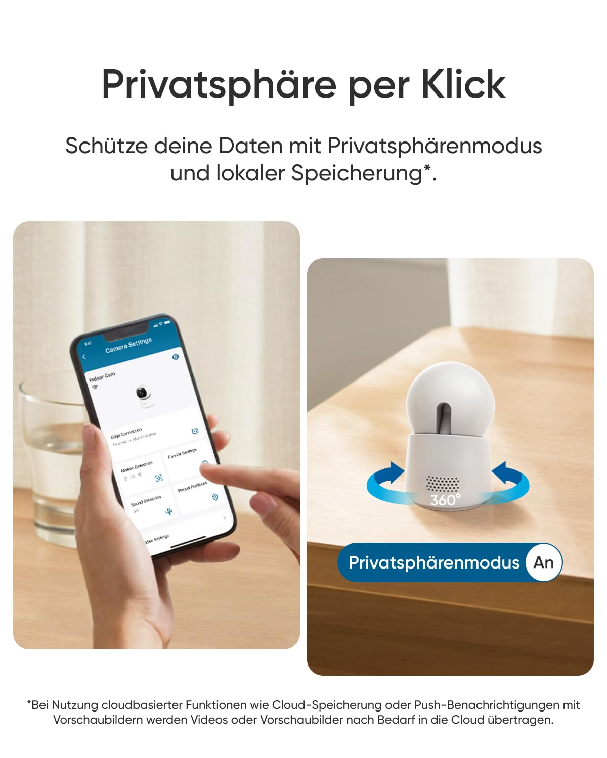 Smartphone affichant les réglages, à côté une caméra de surveillance blanche sur une table avec icône 360°.