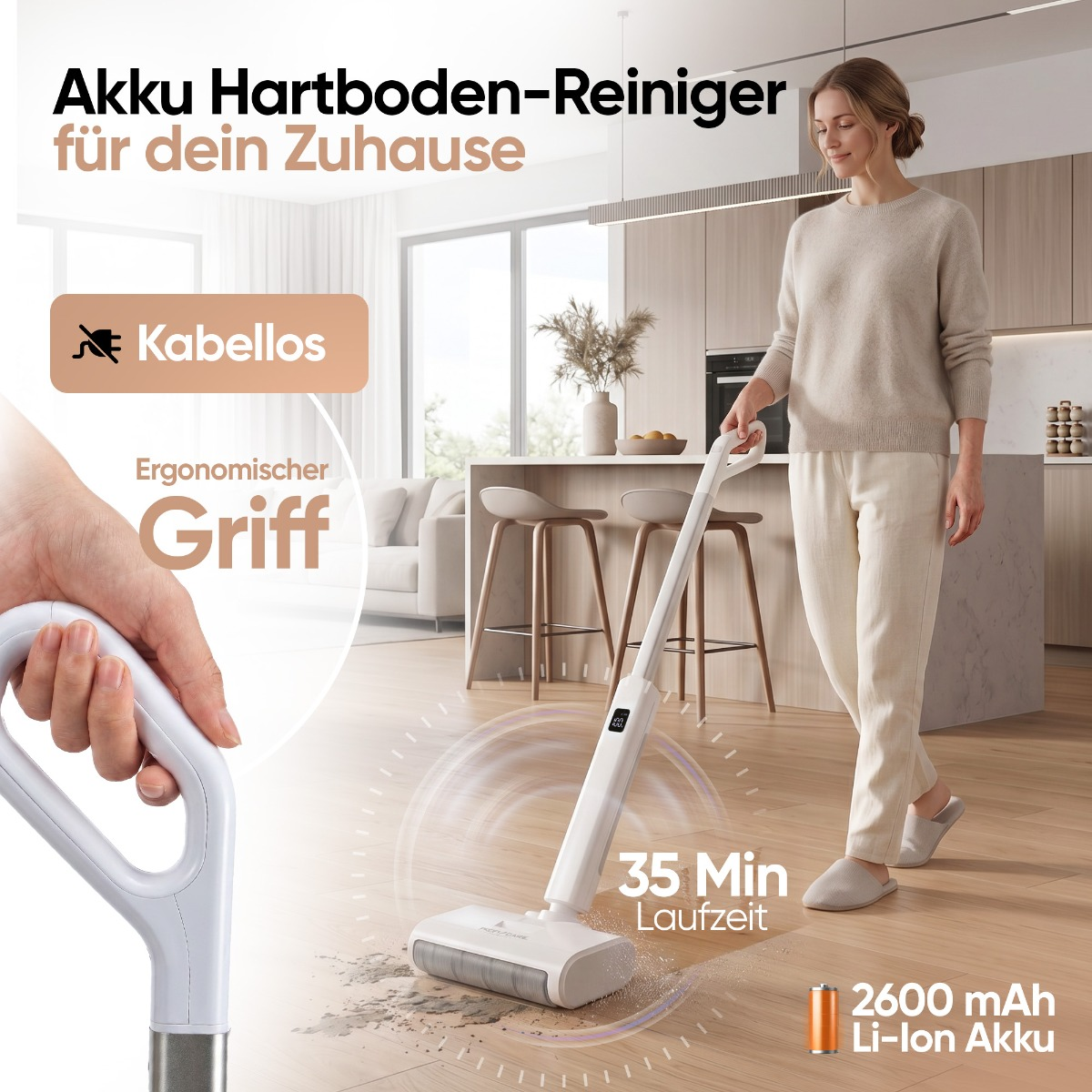 Eine Frau nutzt einen kabellosen Hartbodenreiniger in einer modernen Küche mit Holzfussboden.