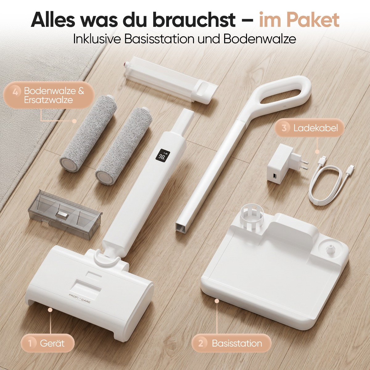 Weiße kabellose Bodenreiniger-Teile auf Holzboden ausgelegt mit Beschriftung.