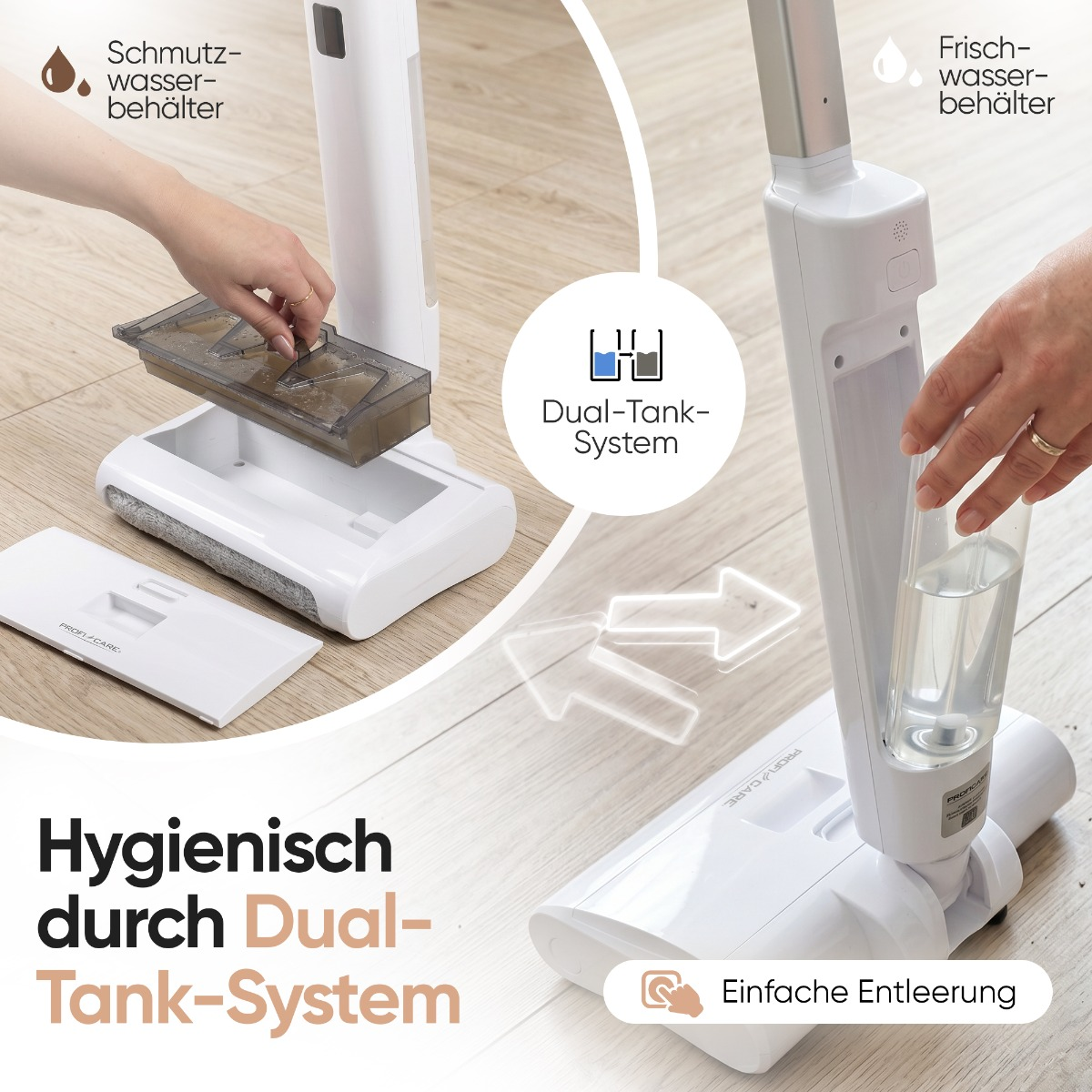 Wischsauger mit Dual-Tank-System zeigt schmutzigen und frischen Wassertank.