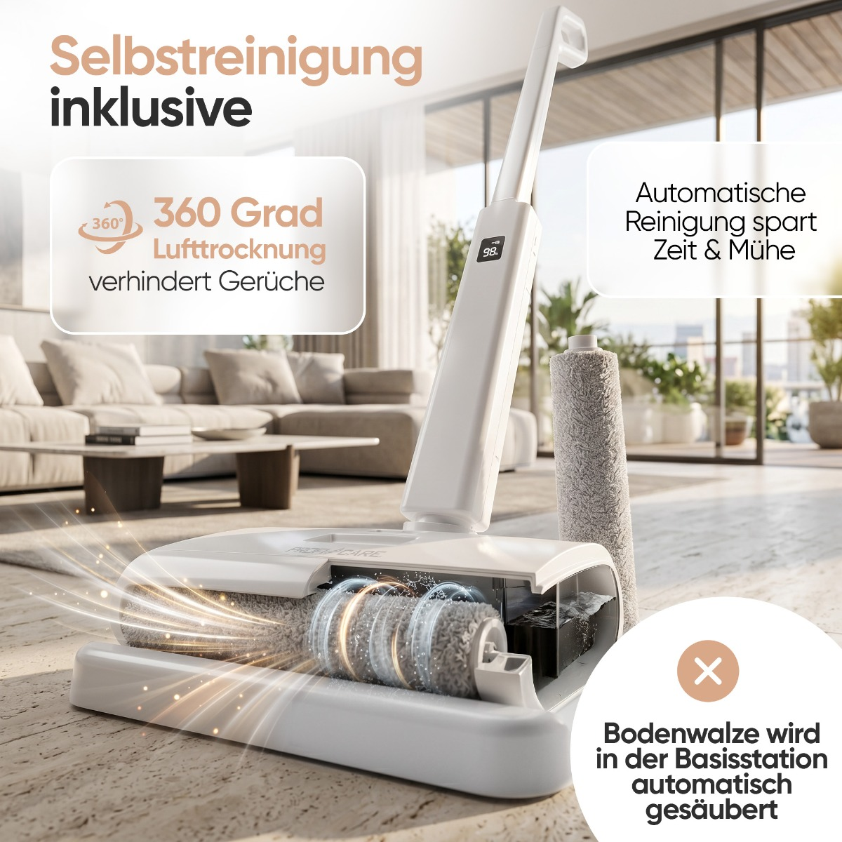 Weisser kabelloser Staubsauger mit Selbstreinigungsfunktion und Basisstation im modernen Wohnzimmer.