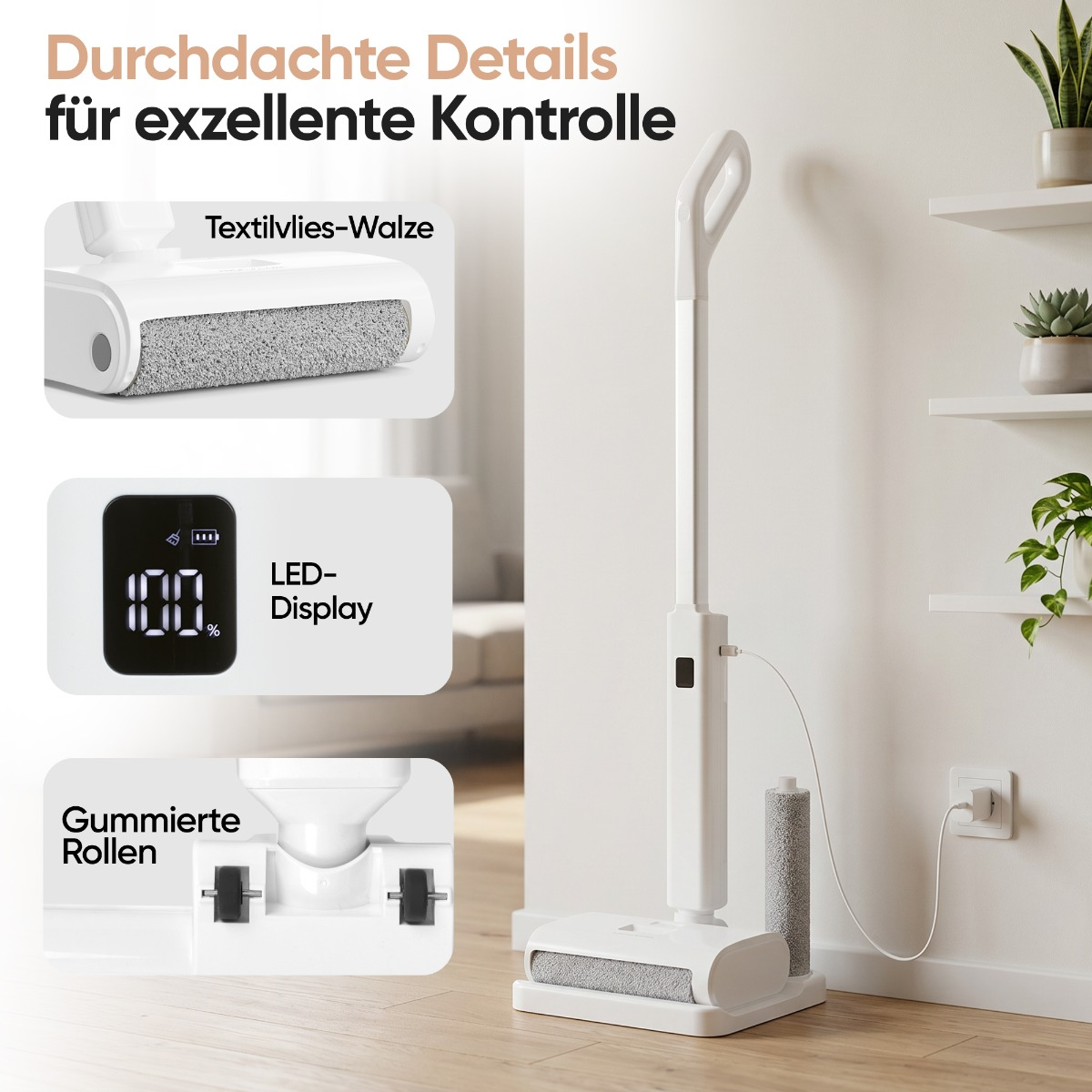 Weißer Akku-Wischsauger mit Walze, LED-Display und gummierten Rollen.