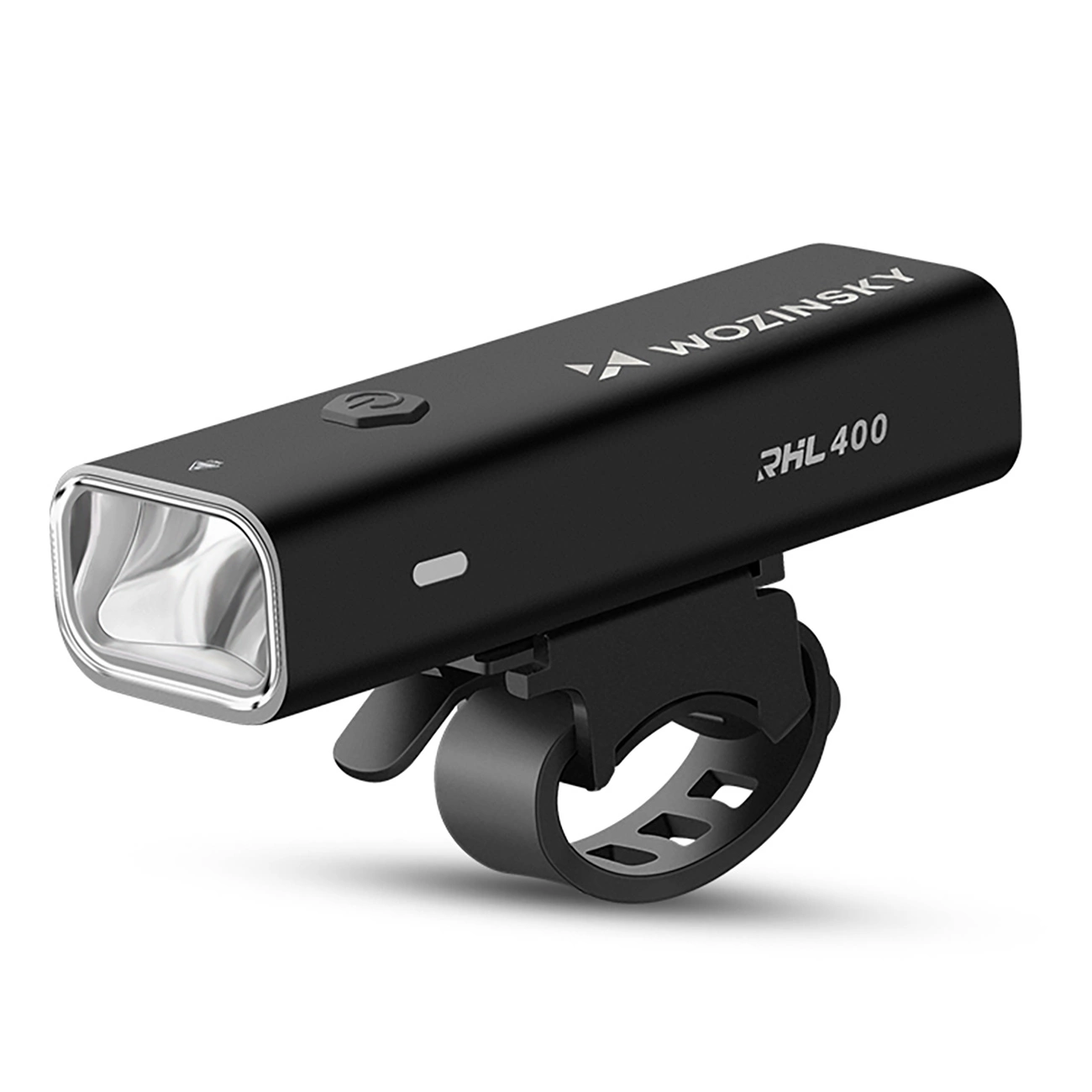 Schwarze Wozinsky RHL 400 Fahrradlampe mit Lenkerhalterung auf weißem Hintergrund.