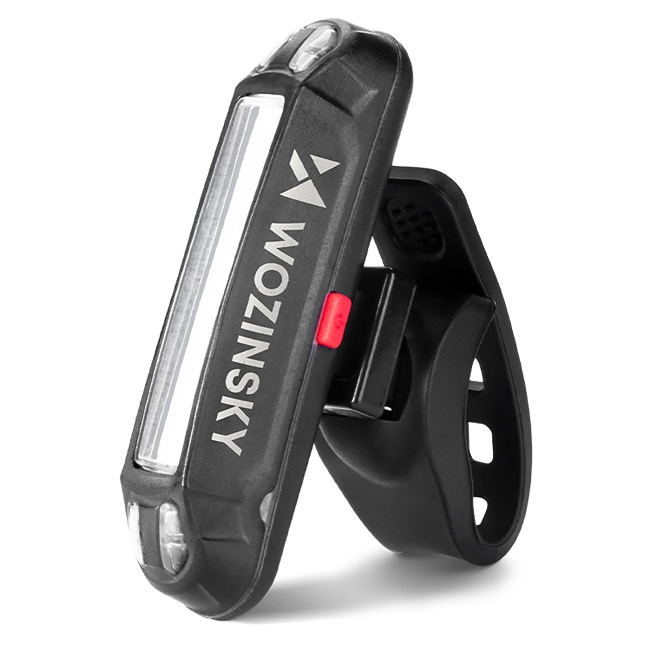 Schwarzes Wozinsky-Fahrradlicht mit integriertem Clip vor weißem Hintergrund.