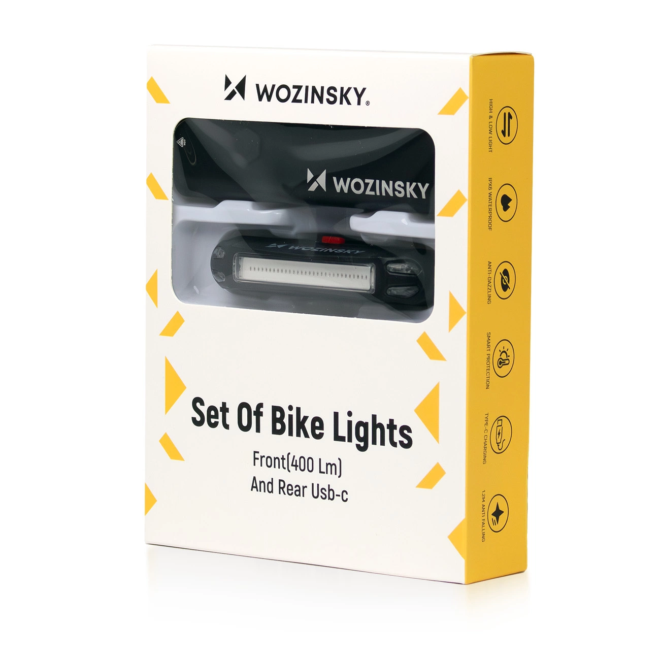Wozinsky Fahrradbeleuchtungsset in gelb-weißer Verpackung, vorne und hinten, USB-C aufladbar.