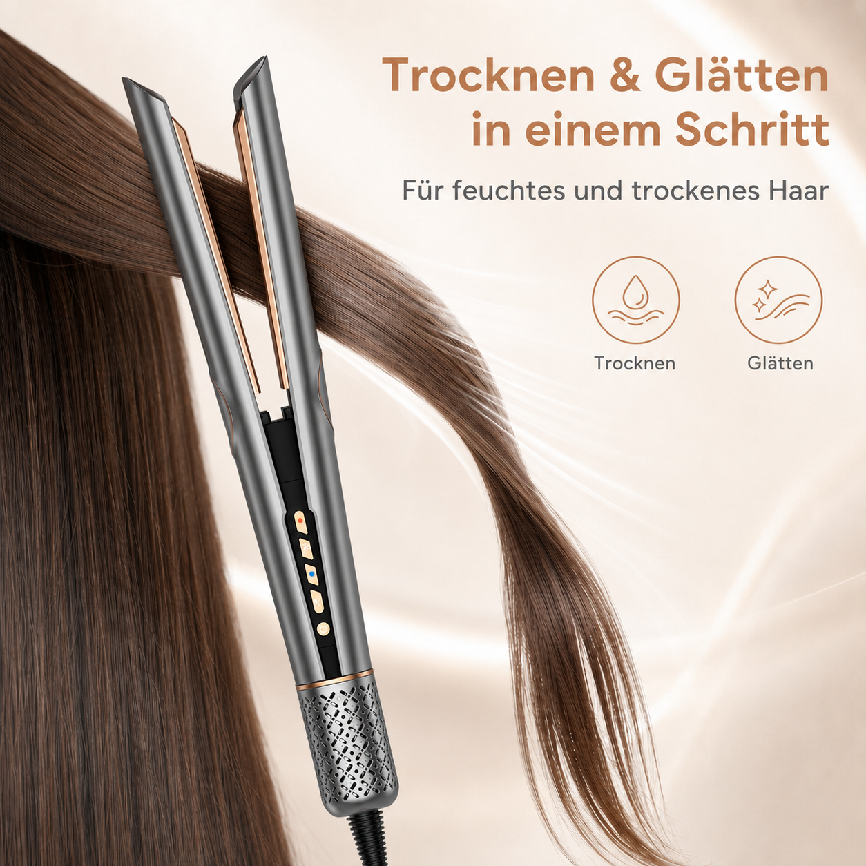 Ein graues Glätteisen stylt langes braunes Haar, mit deutschem Text und Symbolen für Trocknen und Glätten.