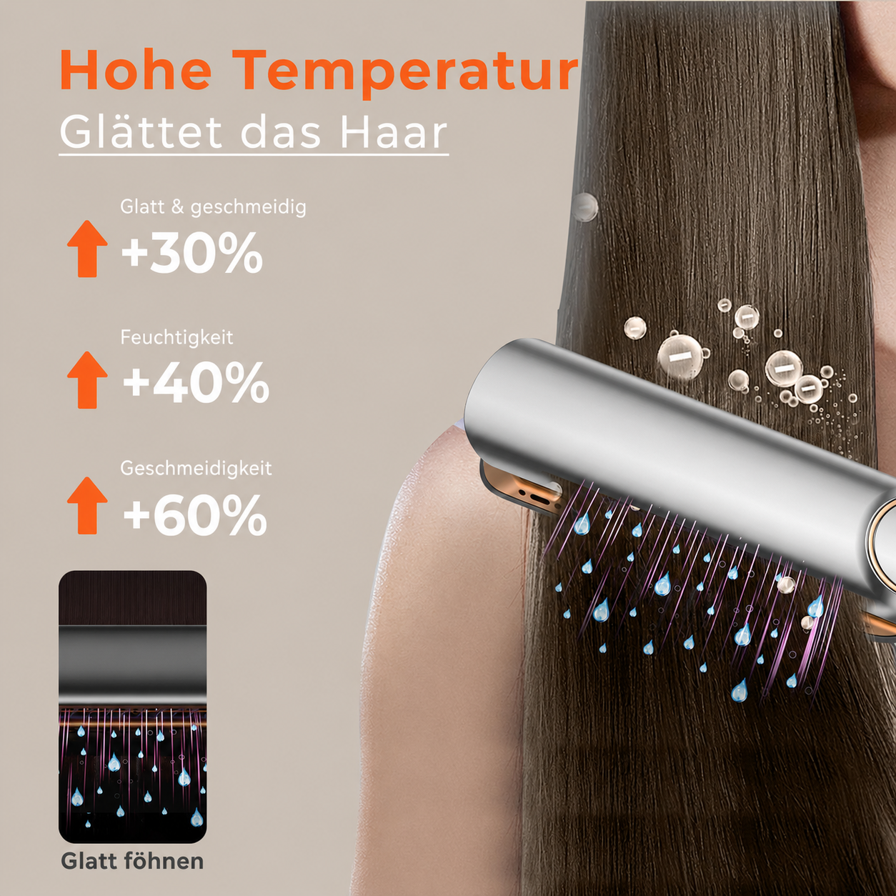 Haarglätter mit Wasser- und Wärmeeffekten auf braunem Haar und Text.